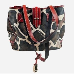 Dooney and Bourke Giraffe Canvas Shoulder Bag Red Leather handles Buckle Detail